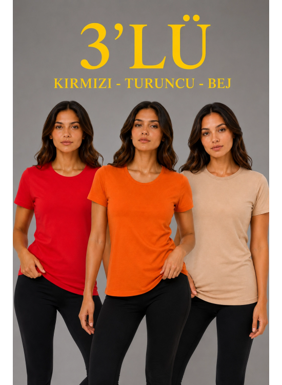 Kadın 3’lü Kısa Kollu Bisiklet Yaka Basic Slim Fit T-Shirt - Kırmızı - Turuncu - Bej