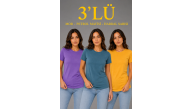Kadın 3’lü Kısa Kollu Bisiklet Yaka Basic Slim Fit T-Shirt - Mor - Petrol Mavisi - Hardal