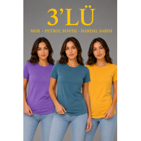 Kadın 3’lü Kısa Kollu Bisiklet Yaka Basic Slim Fit T-Shirt - Mor - Petrol Mavisi - Hardal