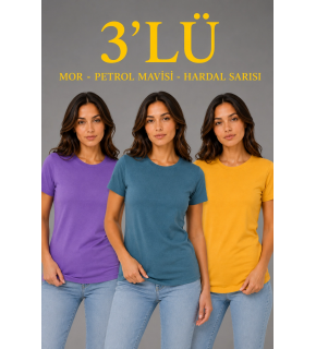 Kadın 3’lü Kısa Kollu Bisiklet Yaka Basic Slim Fit T-Shirt - Mor - Petrol Mavisi - Hardal