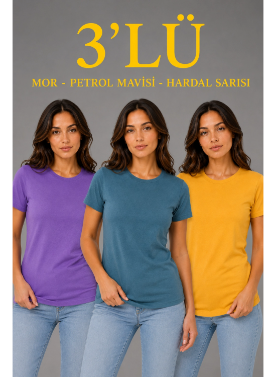Kadın 3’lü Kısa Kollu Bisiklet Yaka Basic Slim Fit T-Shirt - Mor - Petrol Mavisi - Hardal