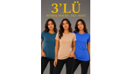 Kadın 3’lü Kısa Kollu Bisiklet Yaka Basic Slim Fit T-Shirt -Petrol Mavisi  - Bej - Mavi
