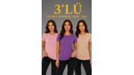 Kadın 3’lü Kısa Kollu Bisiklet Yaka Basic Slim Fit T-Shirt - Pudra Pembe - Mor - Bej