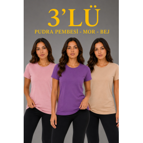 Kadın 3’lü Kısa Kollu Bisiklet Yaka Basic Slim Fit T-Shirt - Pudra Pembe - Mor - Bej