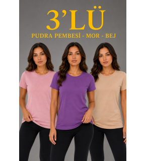 Kadın 3’lü Kısa Kollu Bisiklet Yaka Basic Slim Fit T-Shirt - Pudra Pembe - Mor - Bej