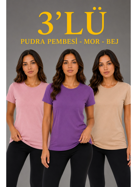 Kadın 3’lü Kısa Kollu Bisiklet Yaka Basic Slim Fit T-Shirt - Pudra Pembe - Mor - Bej
