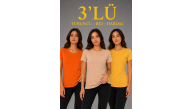 Kadın 3’lü Kısa Kollu Bisiklet Yaka Basic Slim Fit T-Shirt - Turuncu - Bej - Hardal