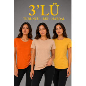 Kadın 3’lü Kısa Kollu Bisiklet Yaka Basic Slim Fit T-Shirt - Turuncu - Bej - Hardal
