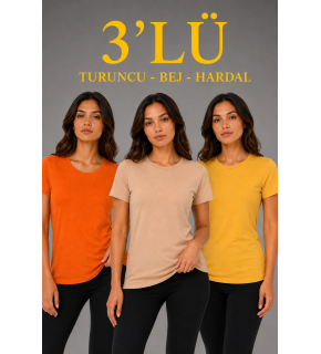 Kadın 3’lü Kısa Kollu Bisiklet Yaka Basic Slim Fit T-Shirt - Turuncu - Bej - Hardal