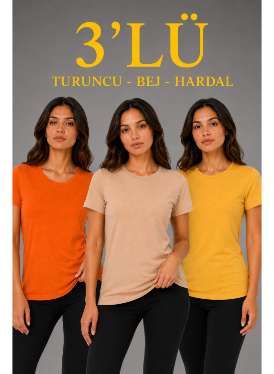 Kadın 3’lü Kısa Kollu Bisiklet Yaka Basic Slim Fit T-Shirt - Turuncu - Bej - Hardal