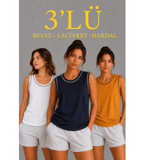 Kadın 3’lü Kolsuz Sporcu Atlet Seti Yazlık Bisiklet Yakalı - Beyaz, Lacivert, Hardal