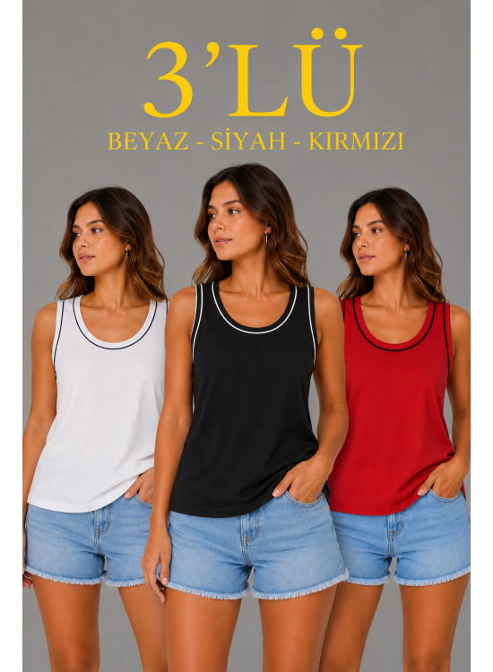 Kadın 3’lü Kolsuz Sporcu Atlet Seti Yazlık Bisiklet Yakalı - Beyaz, Siyah, Kırmızı