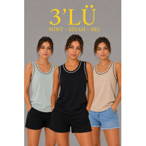 Kadın 3’lü Kolsuz Sporcu Atlet Seti Yazlık Bisiklet Yakalı - Mint Yeşili, Siyah, Bej