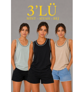Kadın 3’lü Kolsuz Sporcu Atlet Seti Yazlık Bisiklet Yakalı - Mint Yeşili, Siyah, Bej