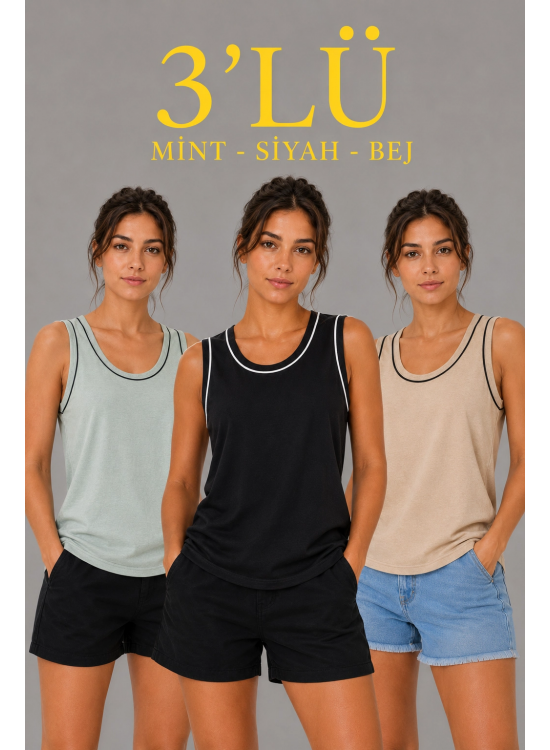 Kadın 3’lü Kolsuz Sporcu Atlet Seti Yazlık Bisiklet Yakalı - Mint Yeşili, Siyah, Bej Kadın 3’lü Kolsuz Sporcu Atlet Seti Yazlık Bisiklet Yakalı - Mint Yeşili, Siyah, Bej