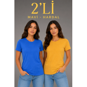 Kadın Basic Bisiklet Yaka Yazlık Slim fit T-Shirt - Mavi & Hardal Sarısı
