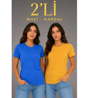 Kadın Basic Bisiklet Yaka Yazlık Slim fit T-Shirt - Mavi & Hardal Sarısı