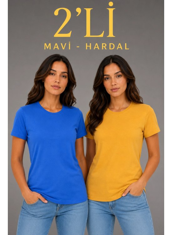 Kadın Basic Bisiklet Yaka Yazlık Slim fit T-Shirt - Mavi & Hardal Sarısı Kadın Basic Bisiklet Yaka Yazlık Slim fit T-Shirt - Mavi & Hardal Sarısı