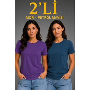 Kadın Basic Bisiklet Yaka Yazlık Slim fit T-Shirt - Mor & Petrol Mavisi