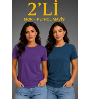 Kadın Basic Bisiklet Yaka Yazlık Slim fit T-Shirt - Mor & Petrol Mavisi