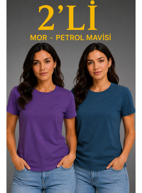 Kadın Basic Bisiklet Yaka Yazlık Slim fit T-Shirt - Mor & Petrol Mavisi Kadın Basic Bisiklet Yaka Yazlık Slim fit T-Shirt - Mor & Petrol Mavisi