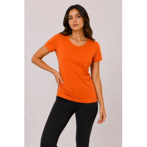 Kadın Basic Bisiklet Yaka Yazlık Slim fit T-Shirt - Mor  & Turuncu