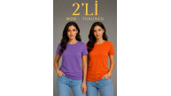 Kadın Basic Bisiklet Yaka Yazlık Slim fit T-Shirt - Mor & Turuncu Kadın Basic Bisiklet Yaka Yazlık Slim fit T-Shirt - Mor & Turuncu