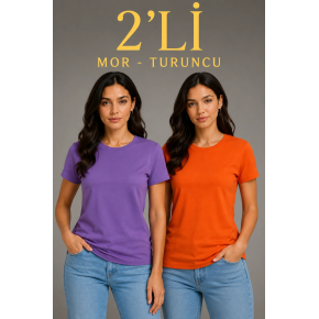 Kadın Basic Bisiklet Yaka Yazlık Slim fit T-Shirt - Mor  & Turuncu