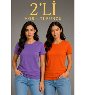 Kadın Basic Bisiklet Yaka Yazlık Slim fit T-Shirt - Mor  & Turuncu