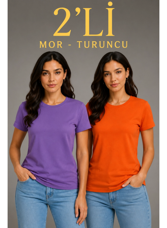 Kadın Basic Bisiklet Yaka Yazlık Slim fit T-Shirt - Mor & Turuncu Kadın Basic Bisiklet Yaka Yazlık Slim fit T-Shirt - Mor & Turuncu