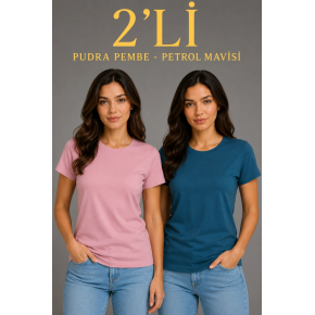 Kadın Basic Bisiklet Yaka Yazlık Slim fit T-Shirt - Pudra Pembe & Petrol Mavi
