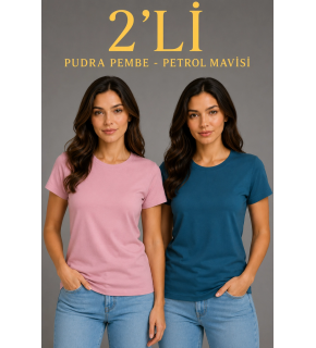 Kadın Basic Bisiklet Yaka Yazlık Slim fit T-Shirt - Pudra Pembe & Petrol Mavi