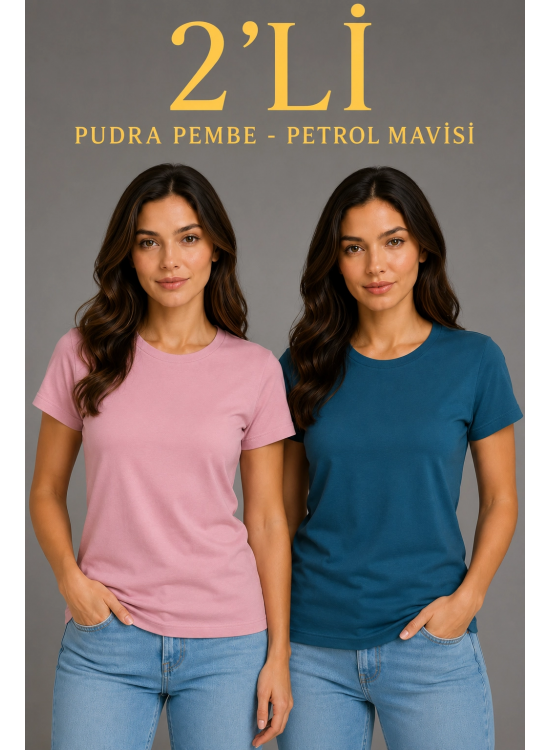 Kadın Basic Bisiklet Yaka Yazlık Slim fit T-Shirt - Pudra Pembe & Petrol Mavi Kadın Basic Bisiklet Yaka Yazlık Slim fit T-Shirt - Pudra Pembe & Petrol Mavi