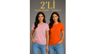 Kadın Basic Bisiklet Yaka Yazlık Slim fit T-Shirt - Pudra Pembe & Turuncu Kadın Basic Bisiklet Yaka Yazlık Slim fit T-Shirt - Pudra Pembe & Turuncu