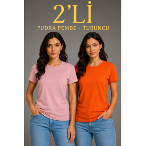 Kadın Basic Bisiklet Yaka Yazlık Slim fit T-Shirt - Pudra Pembe & Turuncu