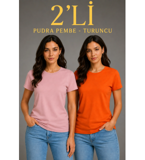 Kadın Basic Bisiklet Yaka Yazlık Slim fit T-Shirt - Pudra Pembe & Turuncu