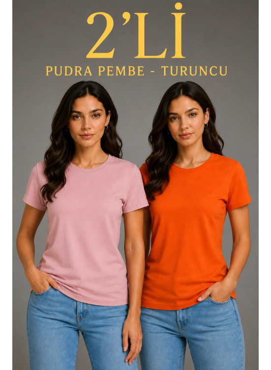 Kadın Basic Bisiklet Yaka Yazlık Slim fit T-Shirt - Pudra Pembe & Turuncu Kadın Basic Bisiklet Yaka Yazlık Slim fit T-Shirt - Pudra Pembe & Turuncu