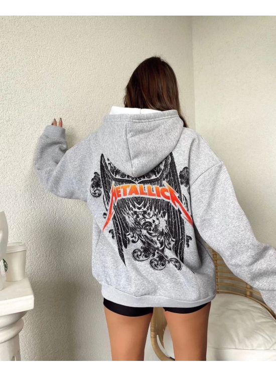 Kadın 2 İplik METALLICA Baskılı Kapüşonlu Sweatshirt Hoodie - Gri