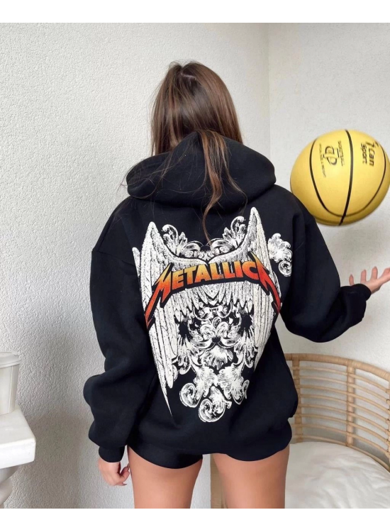 Kadın 2 İplik METALLICA Baskılı Kapüşonlu Hoodie Sweatshirt - Siyah