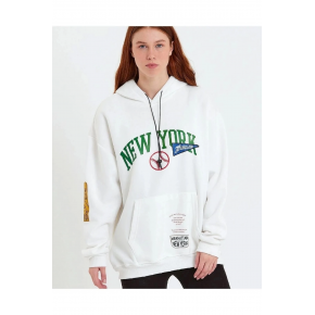 Kadın Oversize Kapüşonlu Cepli Ön Kol Baskılı 3 İplik Pamuklu Hoodie Sweatshirt - Beyaz