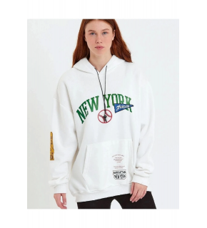 Kadın Oversize Kapüşonlu Cepli Ön Kol Baskılı 3 İplik Pamuklu Hoodie Sweatshirt - Beyaz