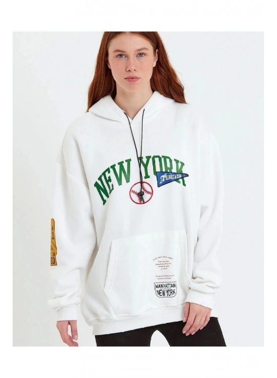 Kadın Oversize Kapüşonlu Cepli Ön Kol Baskılı 3 İplik Pamuklu Hoodie Sweatshirt - Beyaz