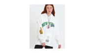 Kadın Oversize Kapüşonlu Cepli Ön Kol Baskılı 3 İplik Pamuklu Hoodie Sweatshirt - Beyaz