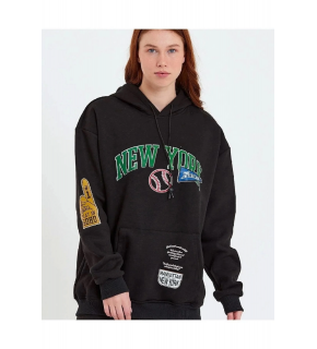 Kadın Oversize Kapüşonlu Cepli Ön Kol Baskılı 3 İplik Pamuklu Hoodie Sweatshirt - Siyah