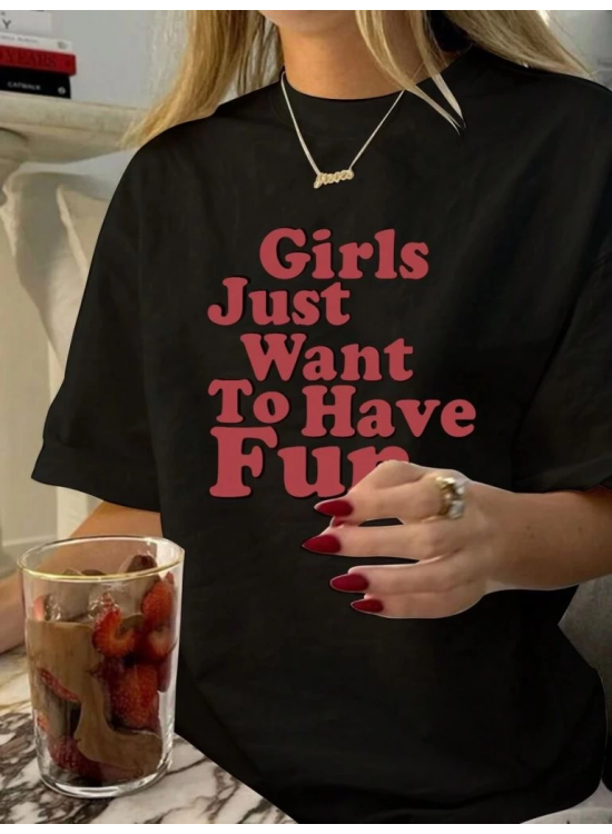 Kadın Baskılı Oversize Kısa kol T-shirt - Siyah Kadın Baskılı Oversize Kısa kol T-shirt - Siyah