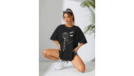 Kadın Tişört Baskılı Kısa kol Oversize T-shirt - Siyah Kadın Tişört Baskılı Kısa kol Oversize T-shirt - Siyah