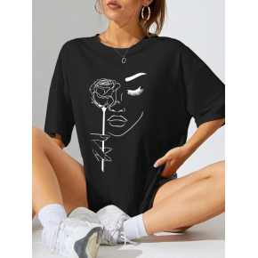 Kadın Tişört Baskılı Kısa kol Oversize T-shirt - Siyah