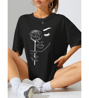 Kadın Tişört Baskılı Kısa kol Oversize T-shirt - Siyah