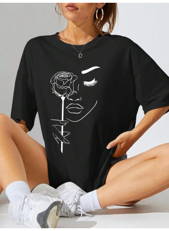 Kadın Tişört Baskılı Kısa kol Oversize T-shirt - Siyah Kadın Tişört Baskılı Kısa kol Oversize T-shirt - Siyah