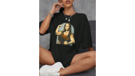 Kadın Baskılı T-Shirt Kısa Kol Bisiklet Yaka Oversize Rahat Kalıp Tişört - Siyah Kadın Baskılı T-Shirt Kısa Kol Bisiklet Yaka Oversize Rahat Kalıp Tişört - Siyah